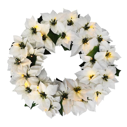 24" Pre-Lit White Poinsettia Artificial Wreath